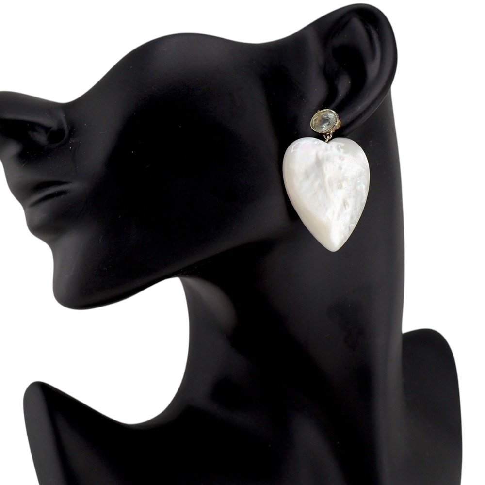 Lizzie Fortunato Mother of Pearl Heart Drop Earrings Crystal Post Iridescent EUC